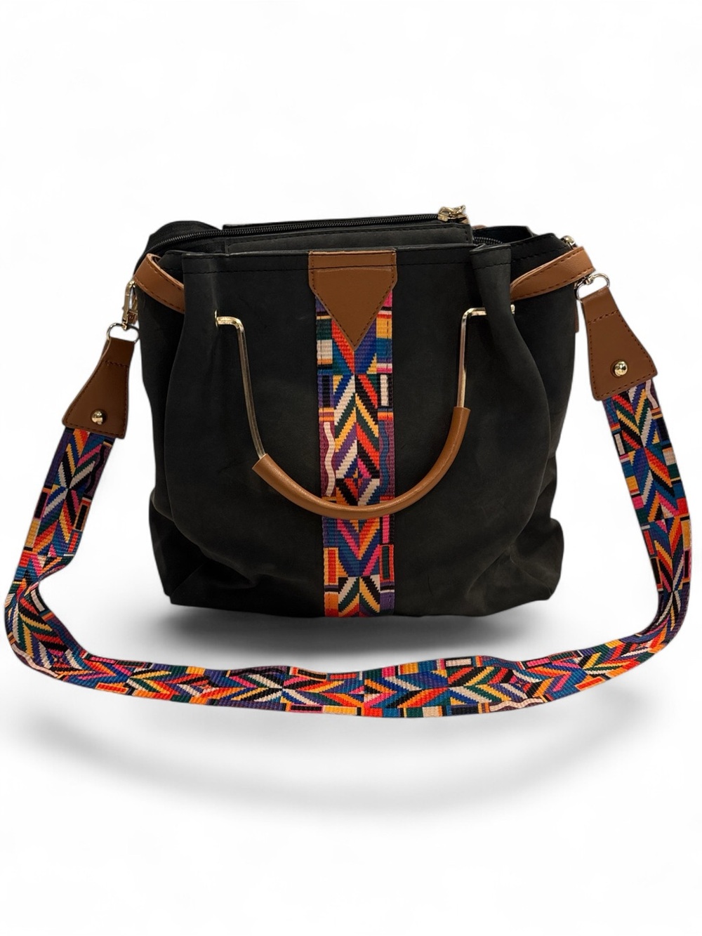 Versatile Boho Messenger Bag/Converts to Shoulder Bag W/Multicolor Woven Strap